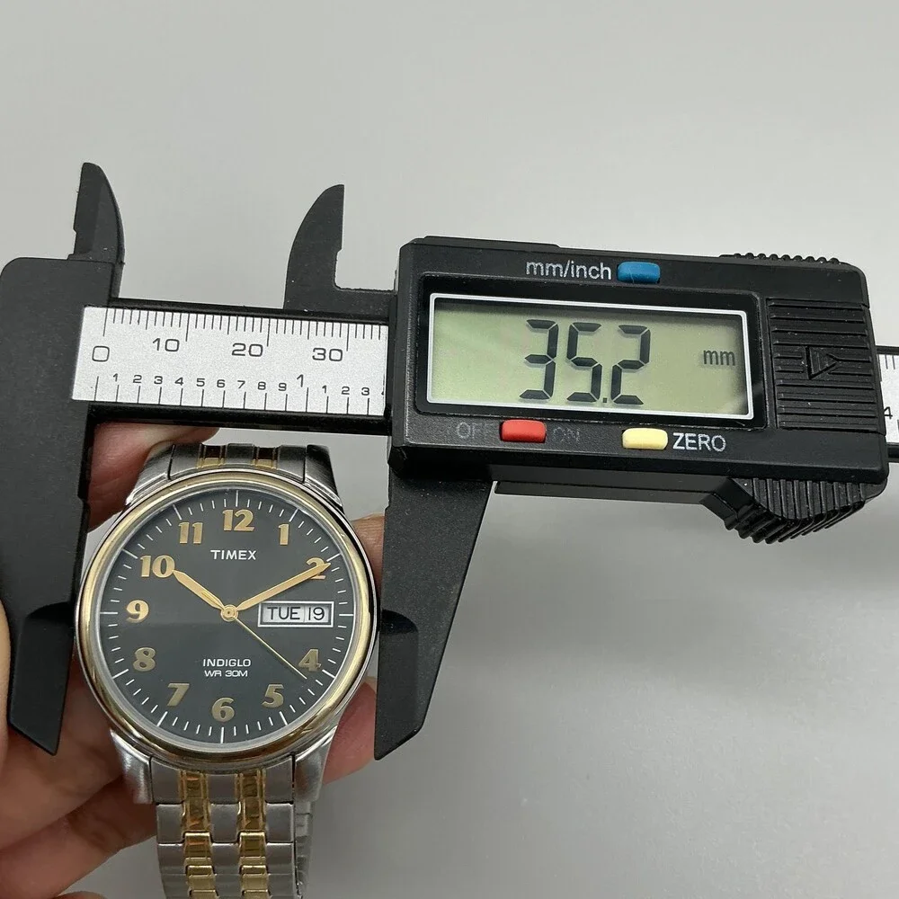 Timex Indiglo Mens Watch 35mm Black Dial Two Tone Bracelet Day Date New Battery